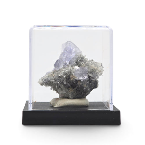 Blue fluorite and quartz specimen shown beneath a clear protective display cover