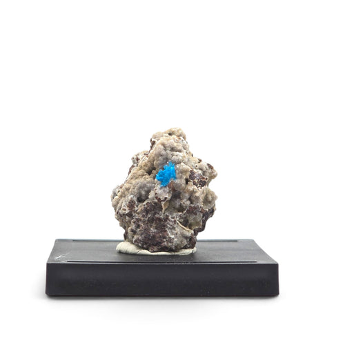Front view of a bright blue cavansite rosette on gray-beige and reddish-brown matrix