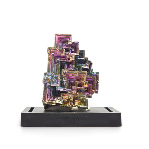 Front view of an iridescent bismuth hopper crystal cluster mounted on a black display base