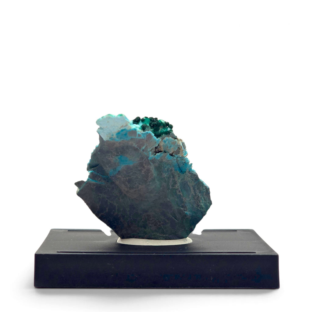 Rear view of the dark matrix with blue-green mineralization and malachite nodules along the top